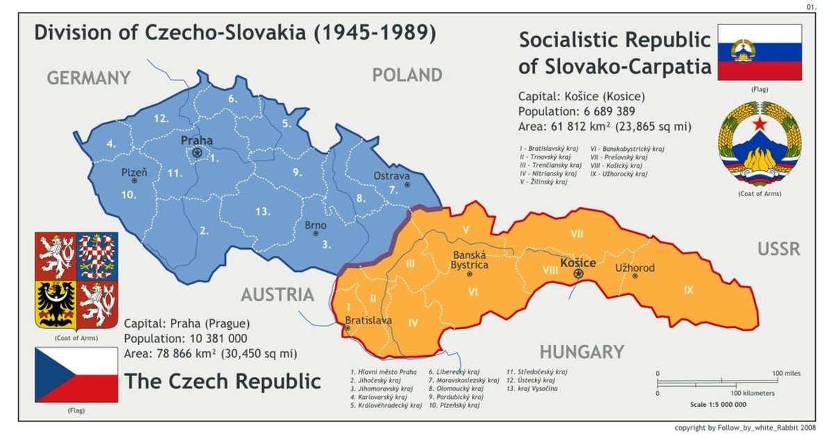 地図のチェコスロバキア1945年