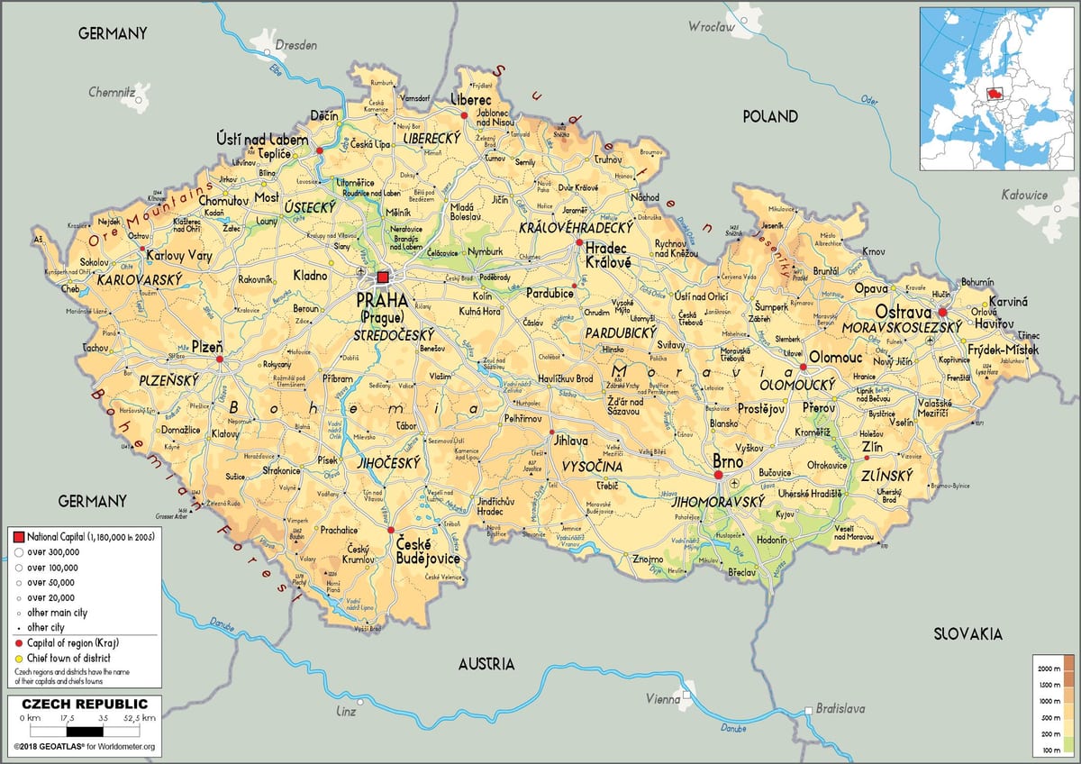 物理地図のチェコ共和国