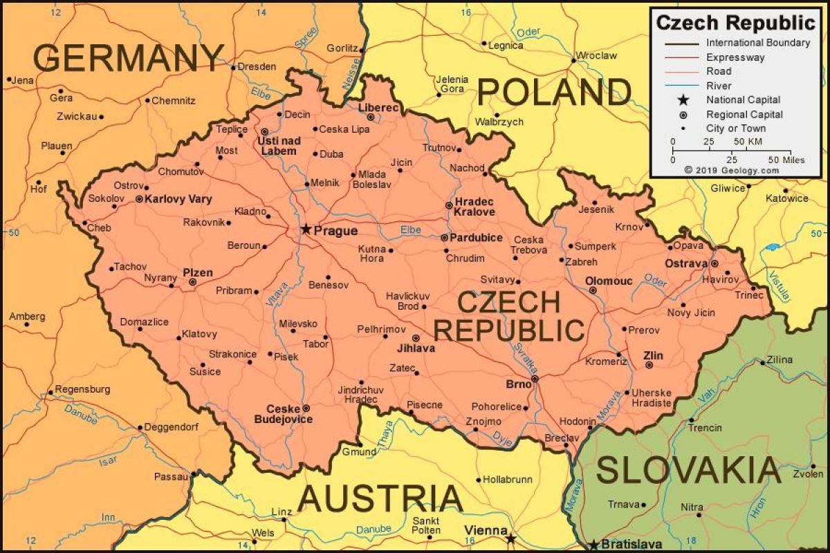 地図のチェコ共和国と周辺国